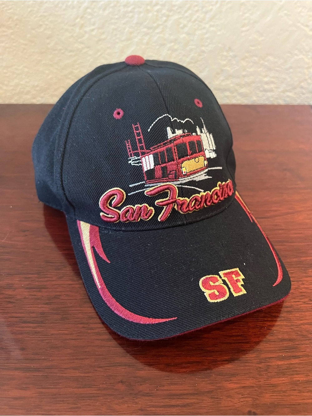 San Francisco City Black & Red Cable Car Embroidered Strap Back Baseball Cap